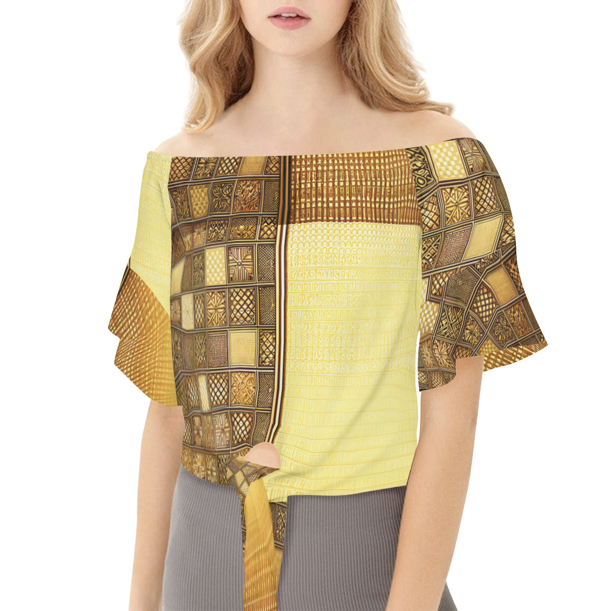 Gold Check One-Shoulder Tie Short Sleeves