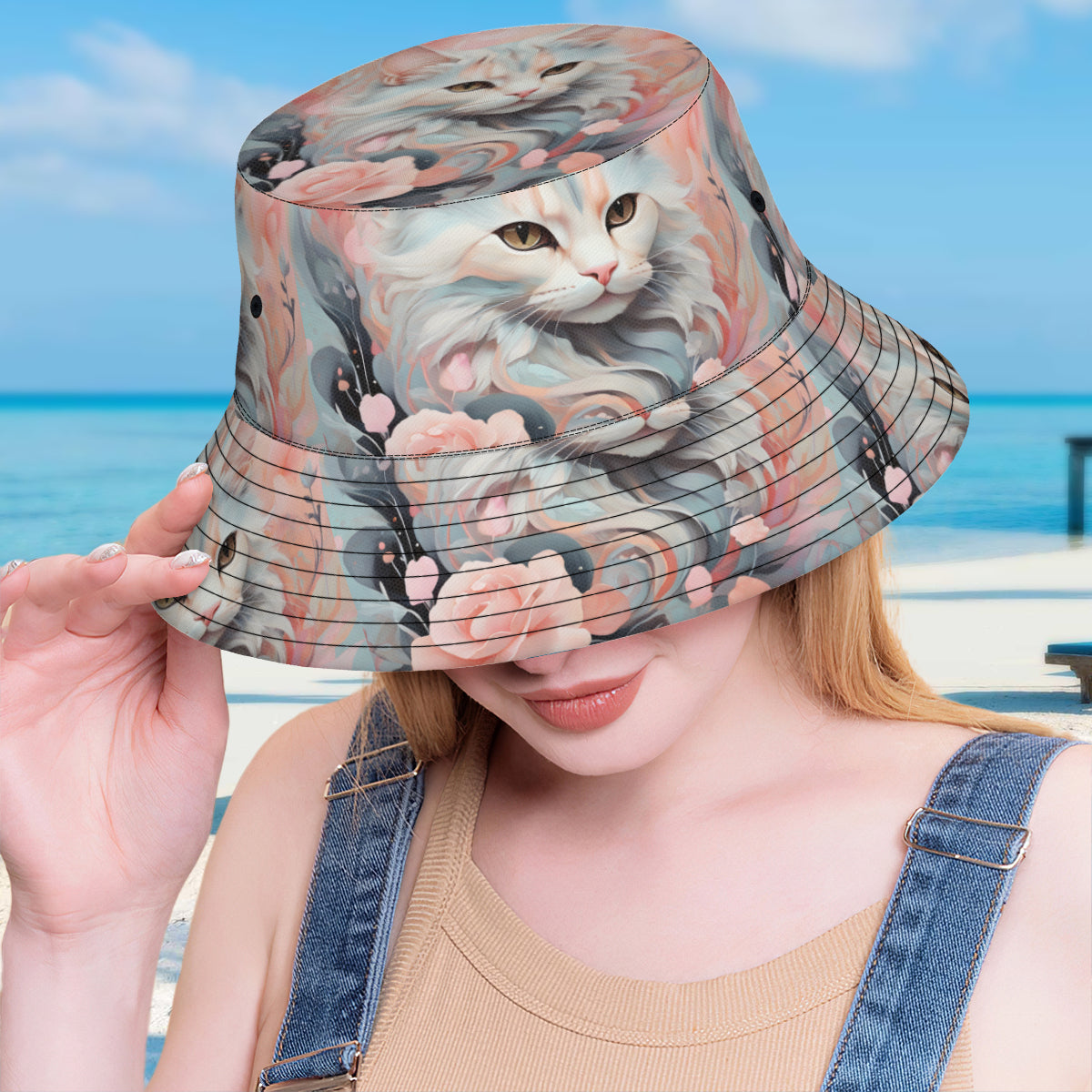 Cute Cat Double-Sided Unisex Polyester Bucket Hat