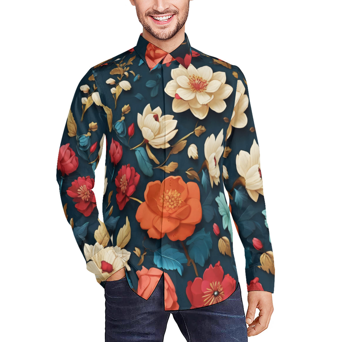 Floral Men's Classic Long-Sleeved Shirt | Polyester
