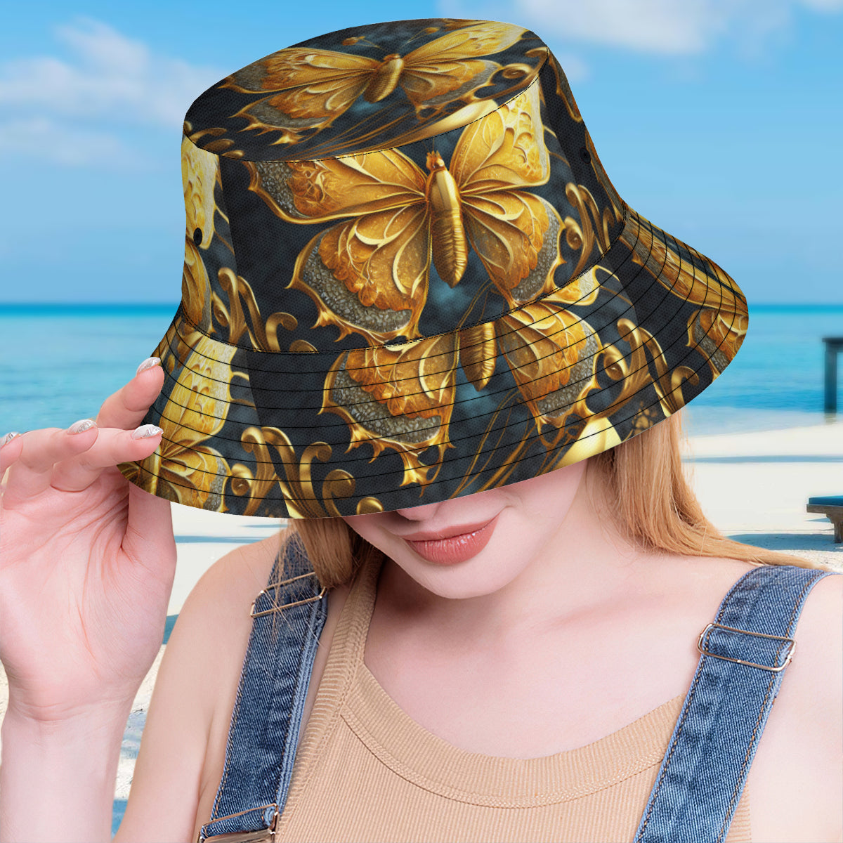 Golden Butterfly Double-Sided Unisex Polyester Bucket Hat