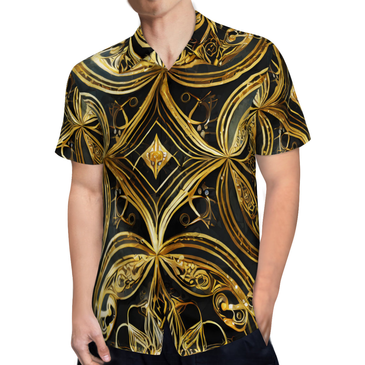 Gold On Black Pattern Short Sleeves Men's Shirt