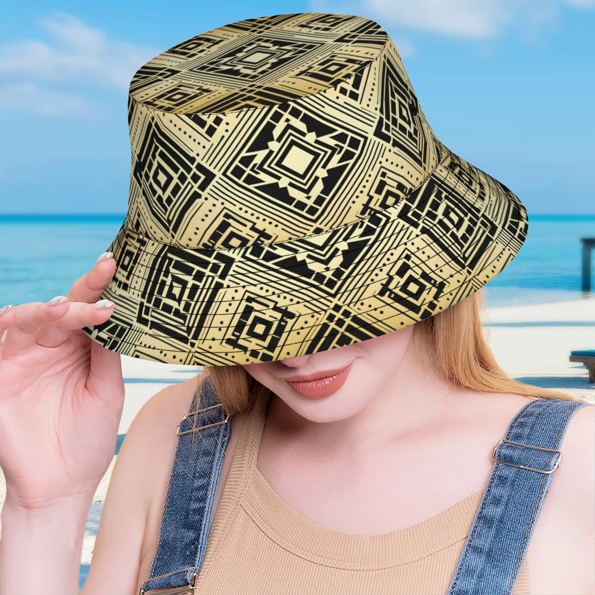 Golden Geometric Shapes Double-Sided Unisex Polyester Bucket Hat
