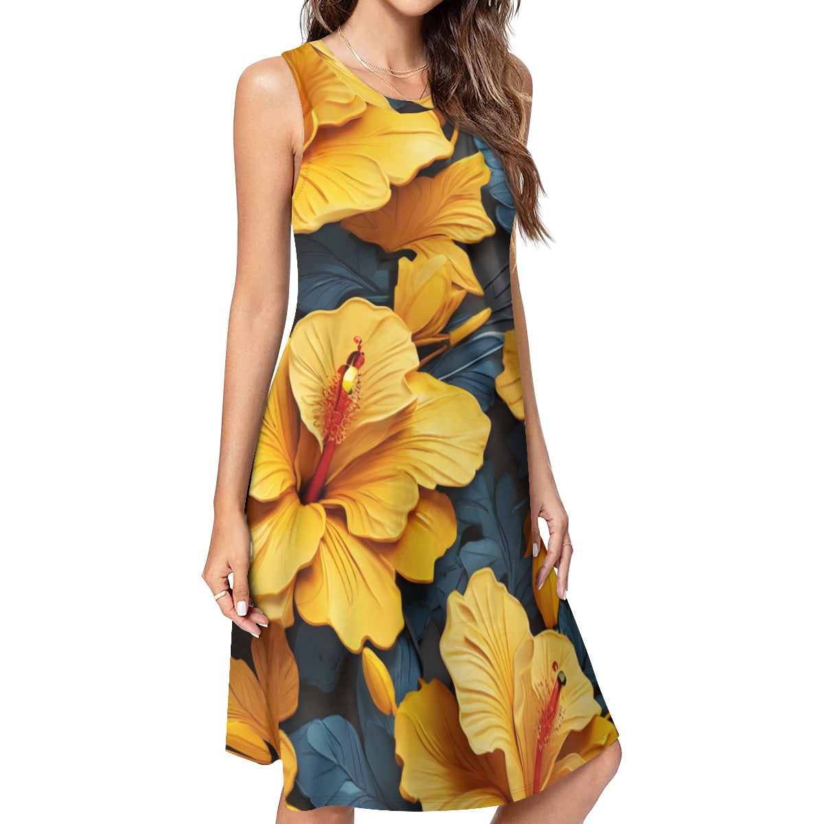Yellow Hibiscus Design Women's Casual Dress | Polyester