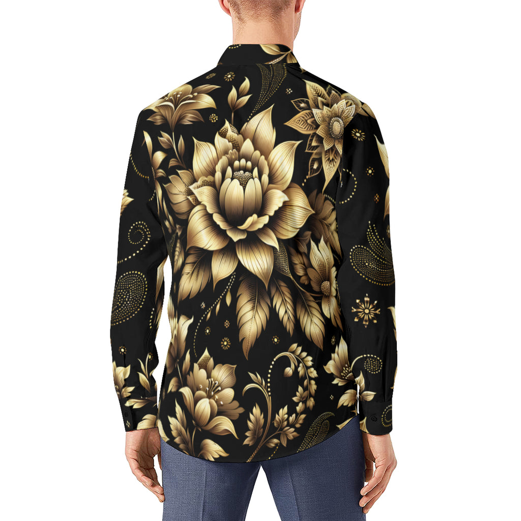 Gold Flowers  Men's Classic Long-Sleeves Polyester Shirt