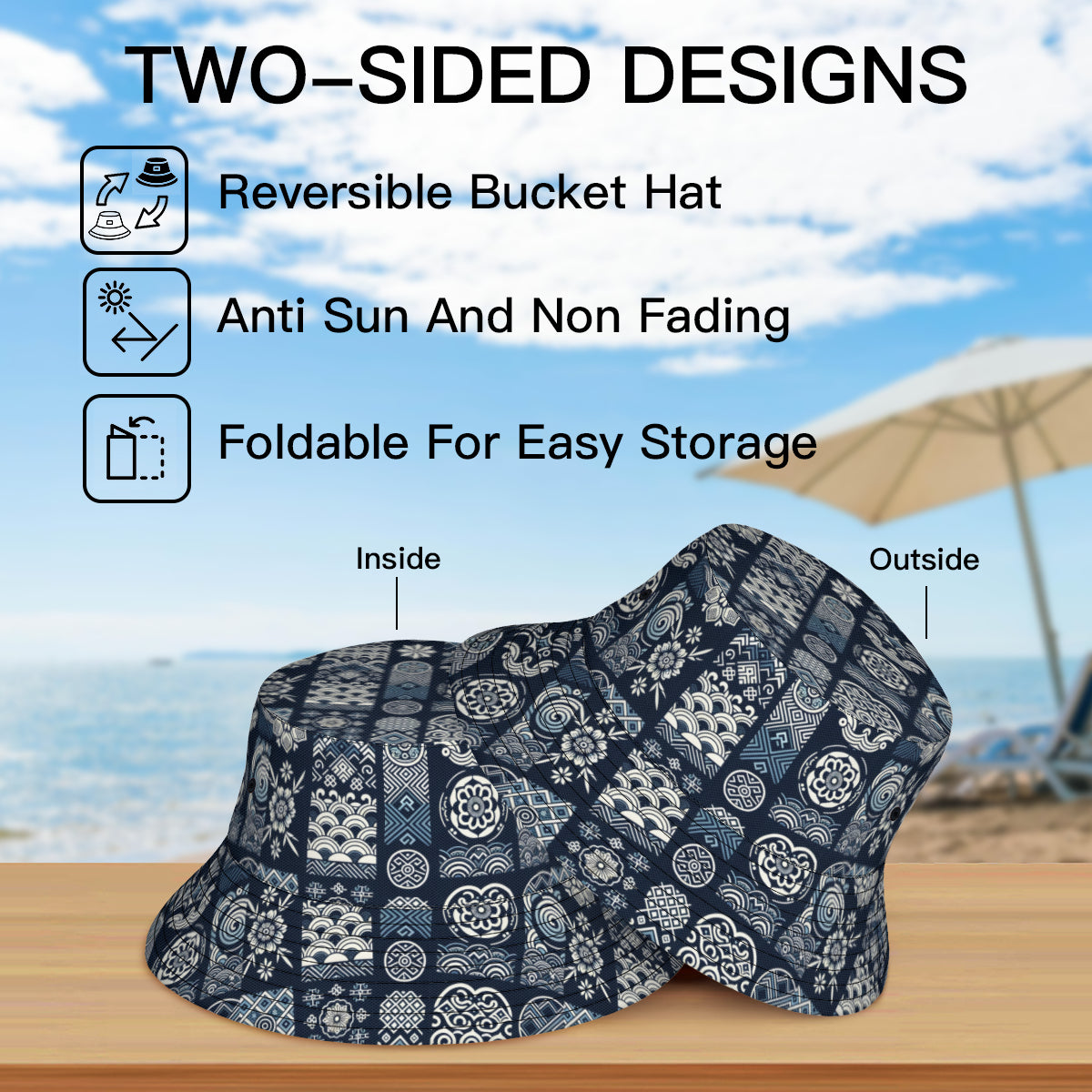 Navy Blue Geometric Shapes Double-Sided Unisex Polyester Bucket Hat