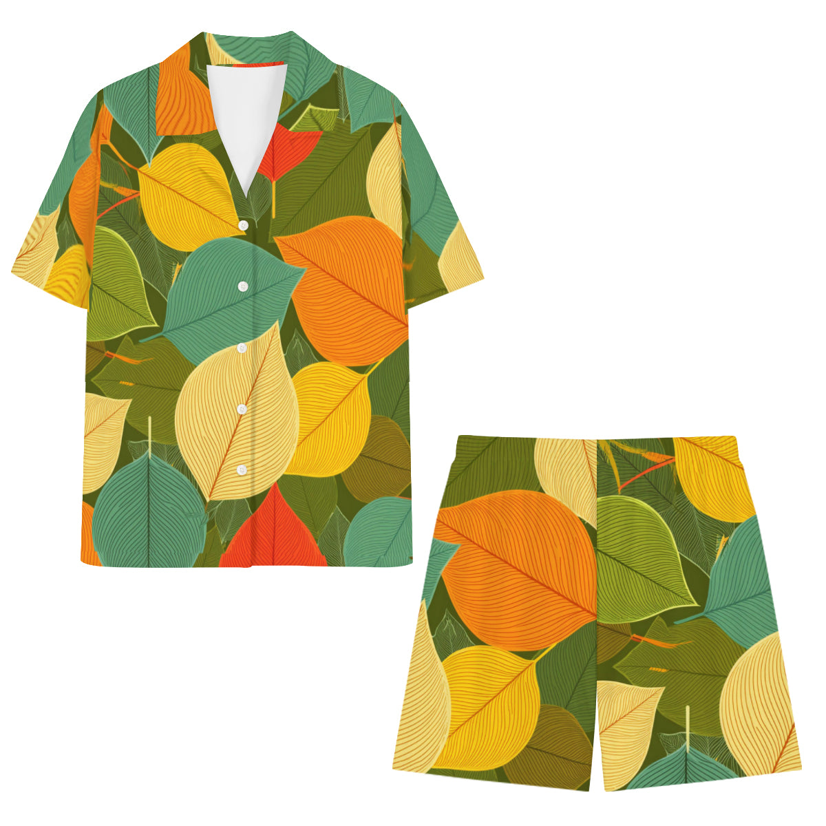 Autumn Floral Man's Shirt and Shorts Set (Multi-faceted Design) | Cotton-Like Polyester