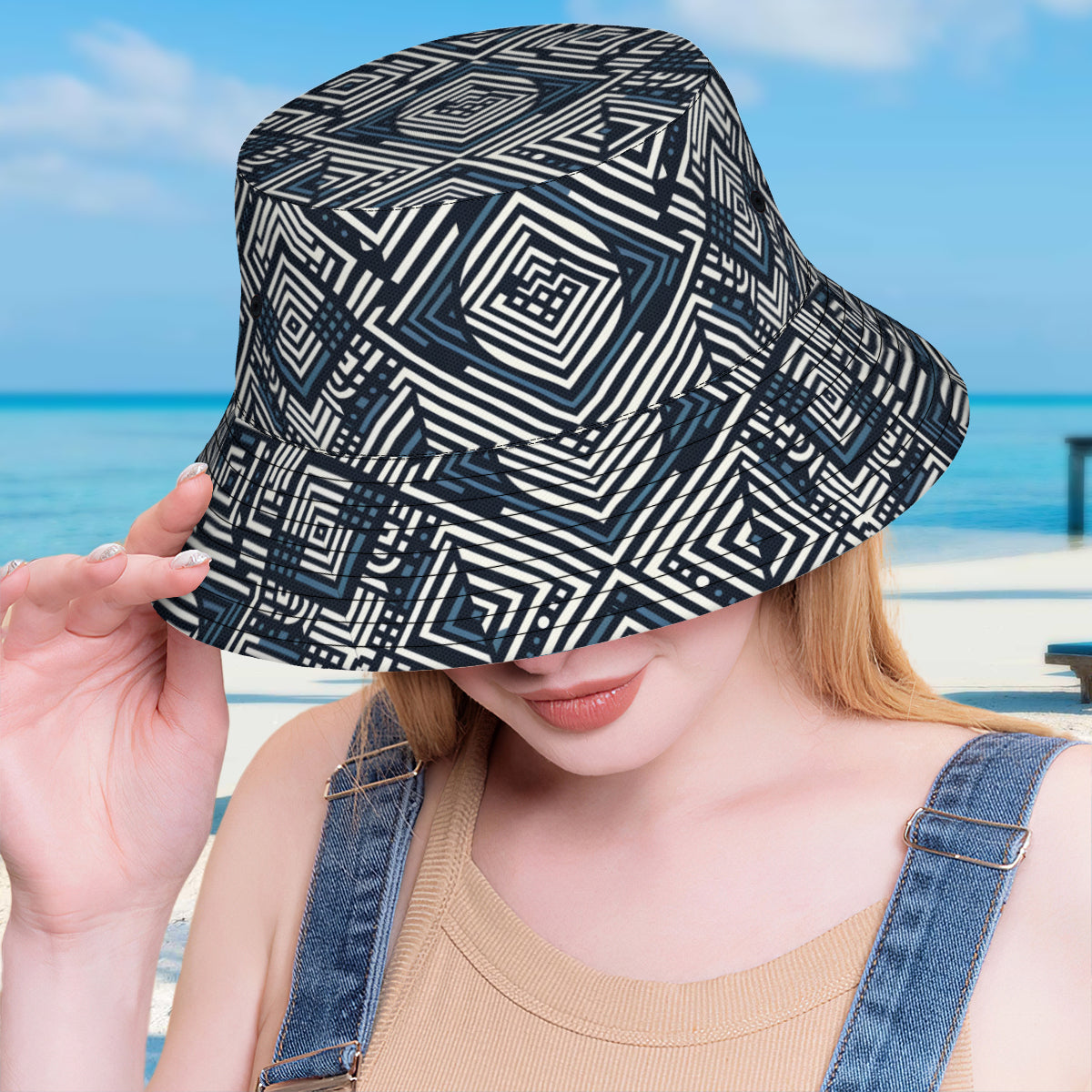 Navy Blue Geometric Shapes Double-Sided Unisex Polyester Bucket Hat