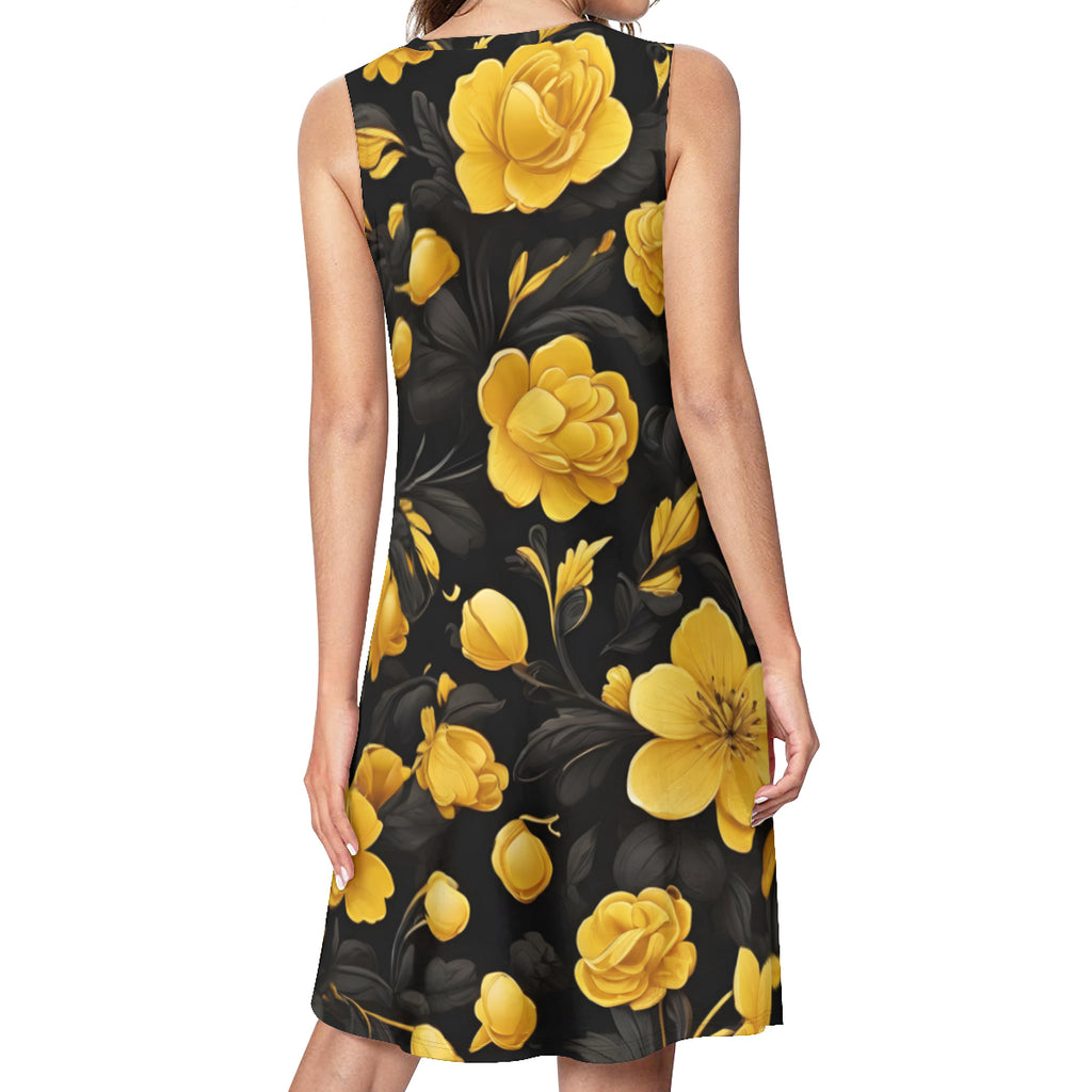 Yellow Black Flowers Women's Casual Dress | Polyester