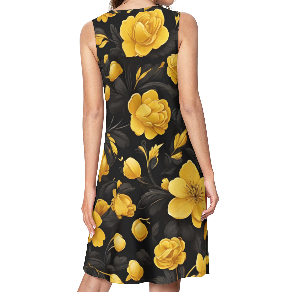 Yellow Black Flowers Women's Casual Dress | Polyester
