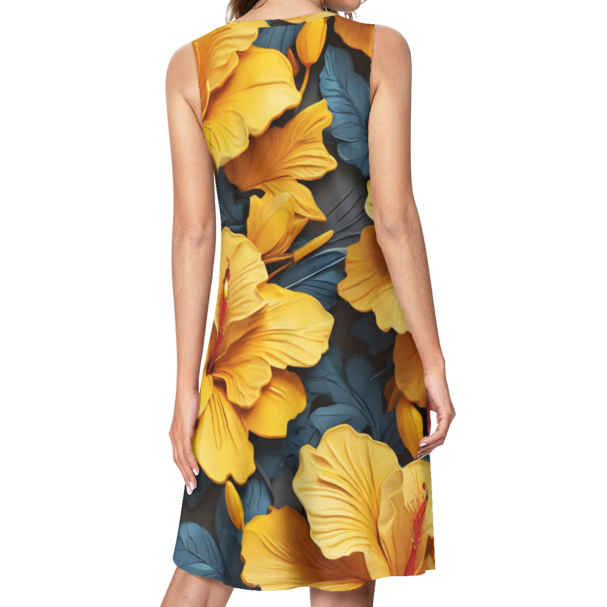 Yellow Hibiscus Design Women's Casual Dress | Polyester