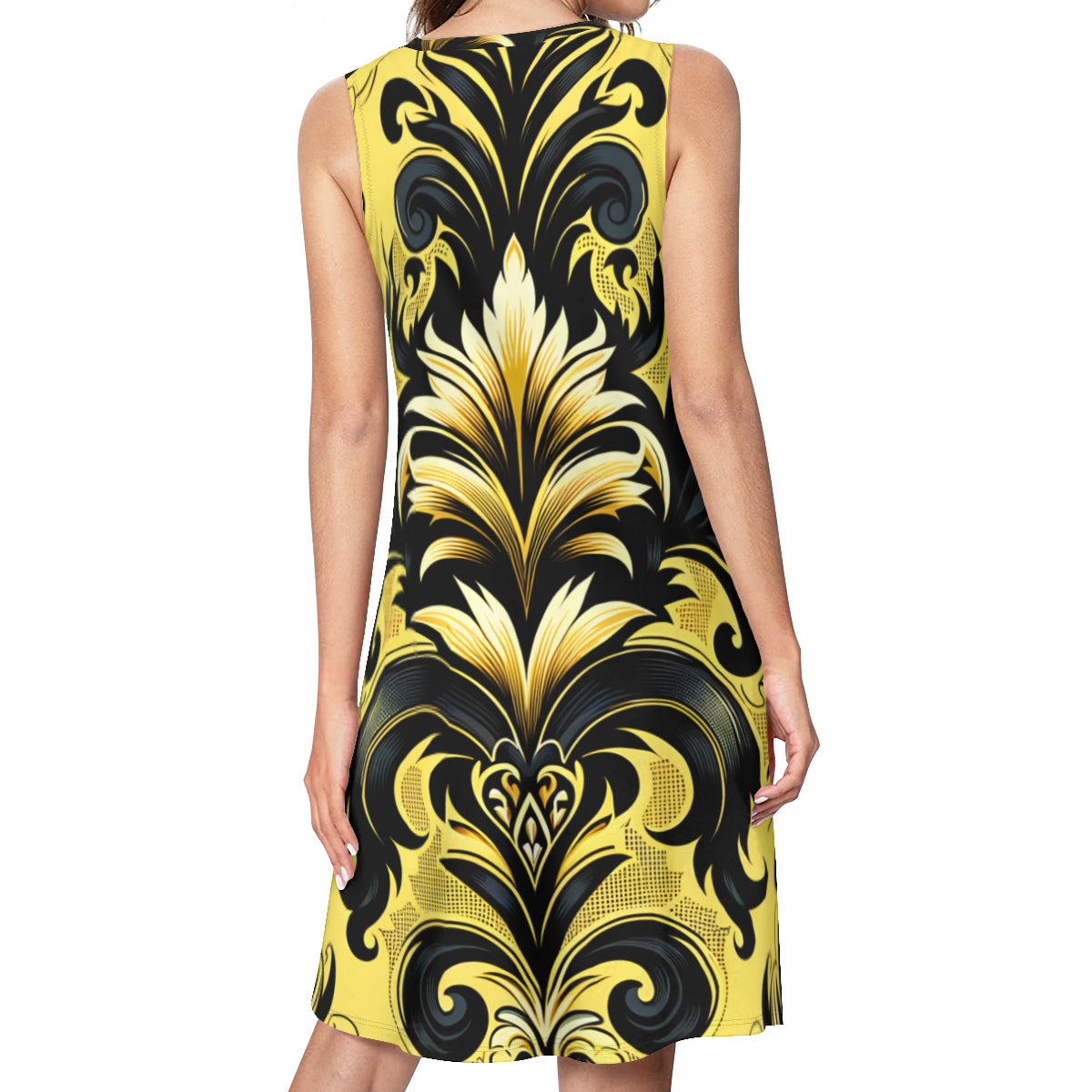 Yellow And Black Floral Women's Casual Dress | Polyester