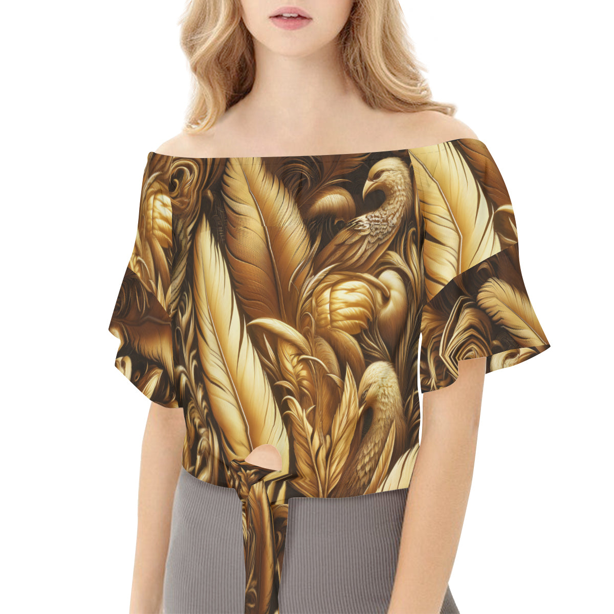 Golden Feathers Women's One-shoulder Tie Short Sleeves | Polyester