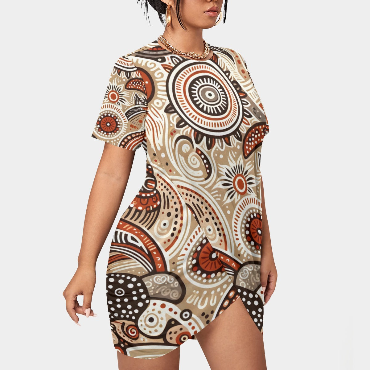 All-Over Print Women’s Stacked Hem Dress With Short Sleeve（Plus Size）