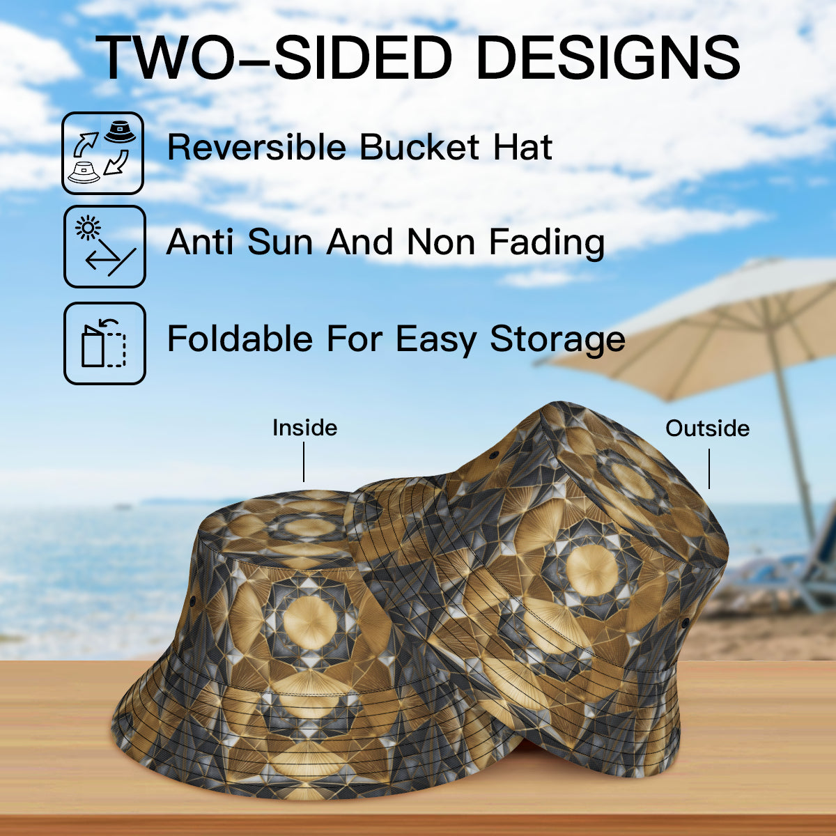 Geometric Black Gold Double-Sided Unisex Polyester Bucket Hat