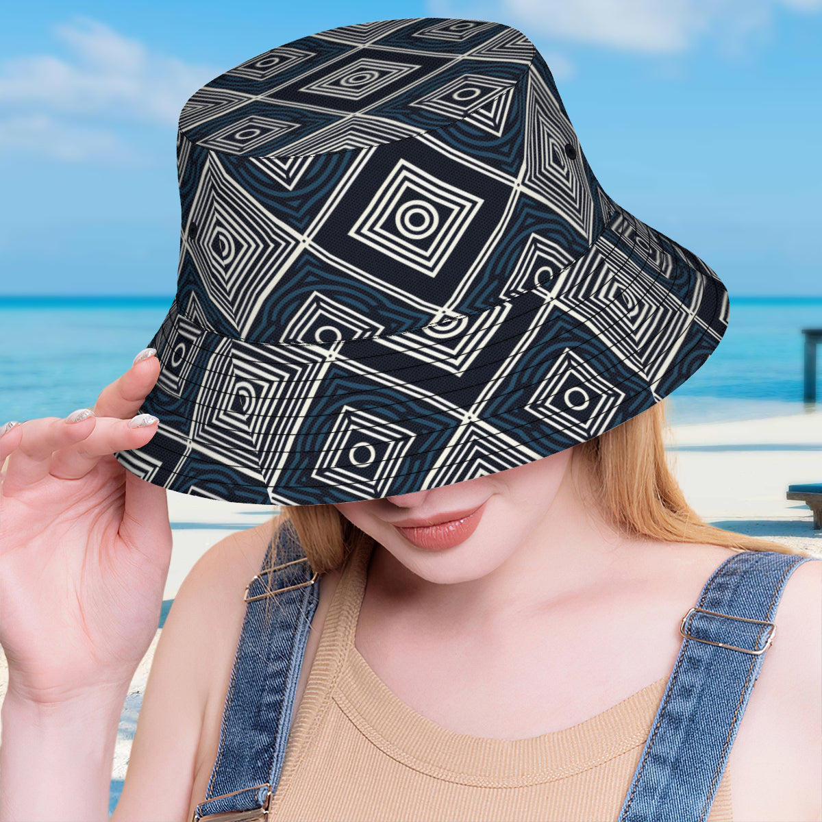 Navy Blue Geometric Shapes Double-Sided Unisex Polyester Bucket Hat