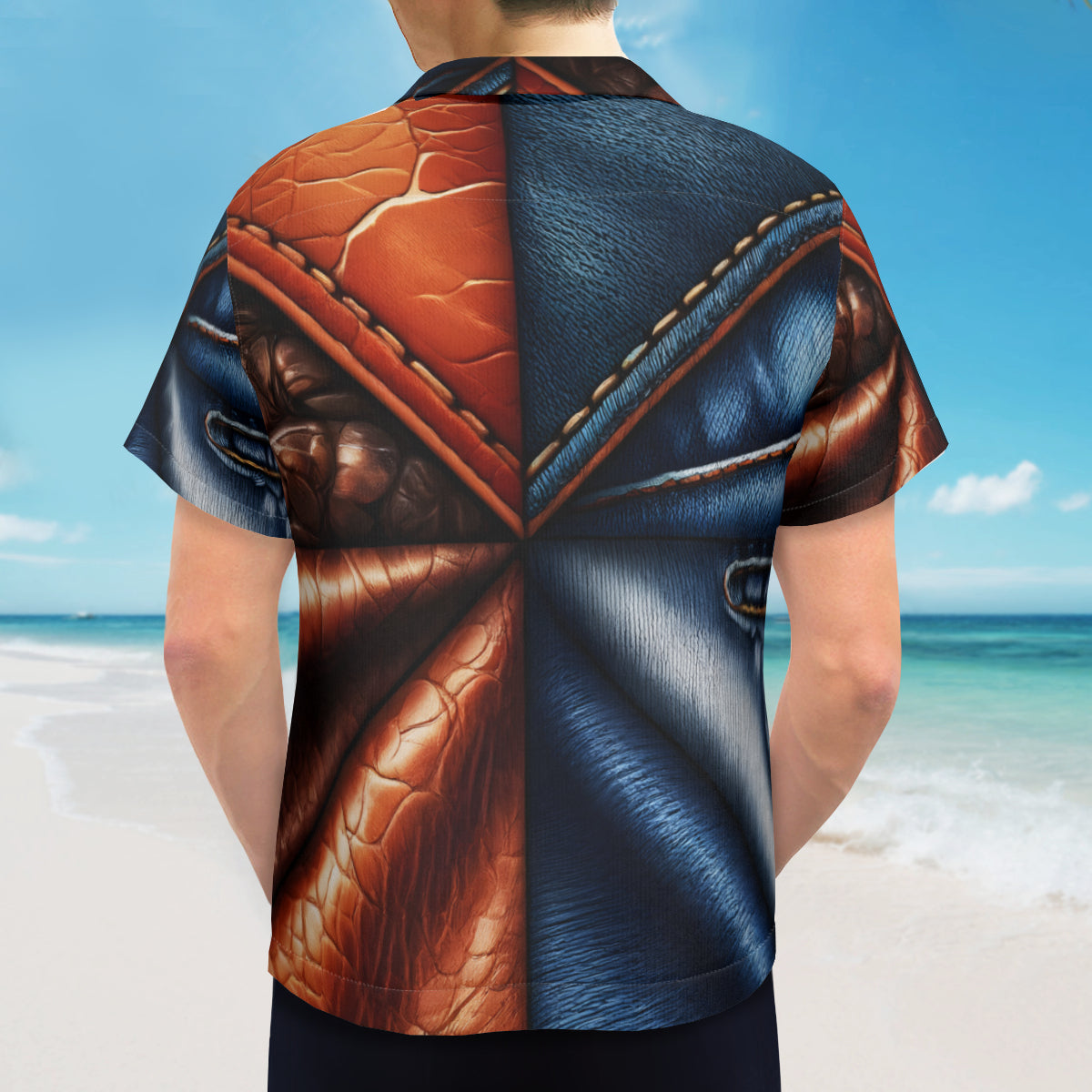 Denim And Leather Design Short Sleeves Men's Shirt