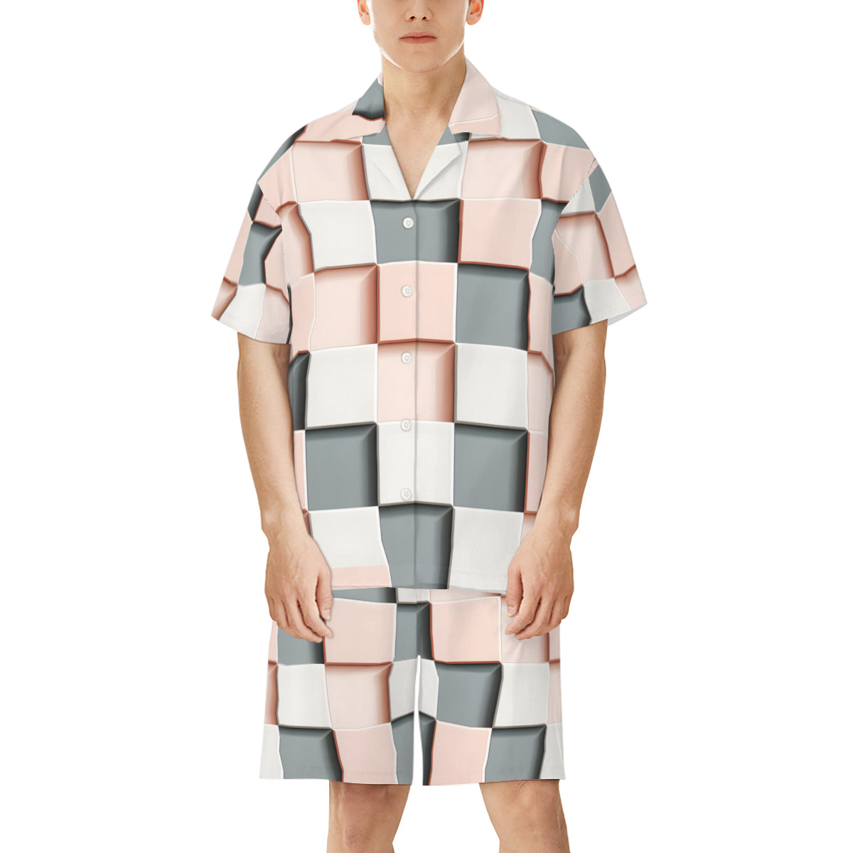 Abstract Square Casual Shirt and Shorts (Multi-faceted Design) | Cotton-Like Polyester