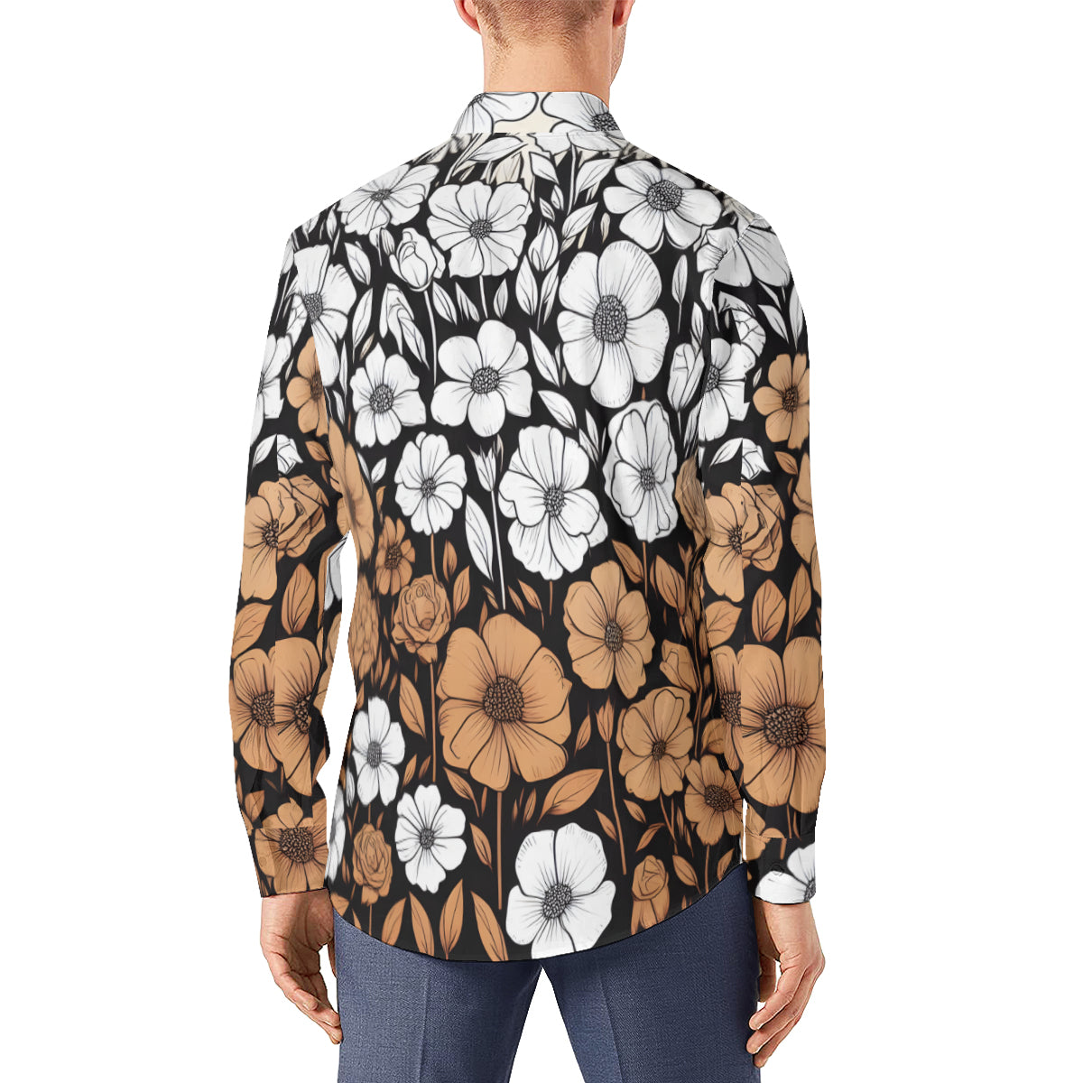 Brown And White Floral Men's Classic Long-Sleeved Shirt | Polyester