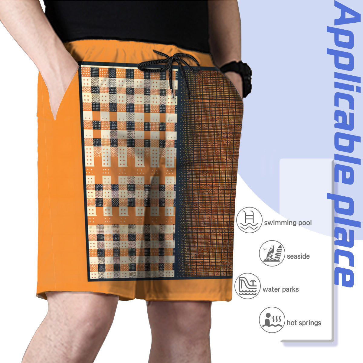 Orange Check Men's Beach Shorts (Not Mesh Lined) | Polyester