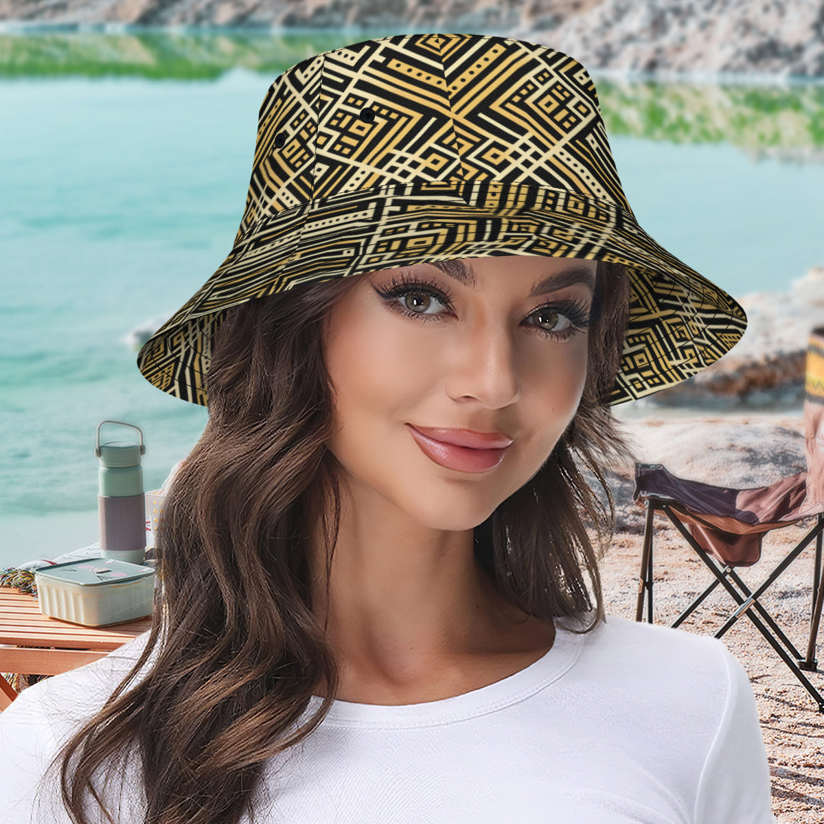 Golden Geometric Shapes Double-Sided Unisex Polyester Bucket Hat