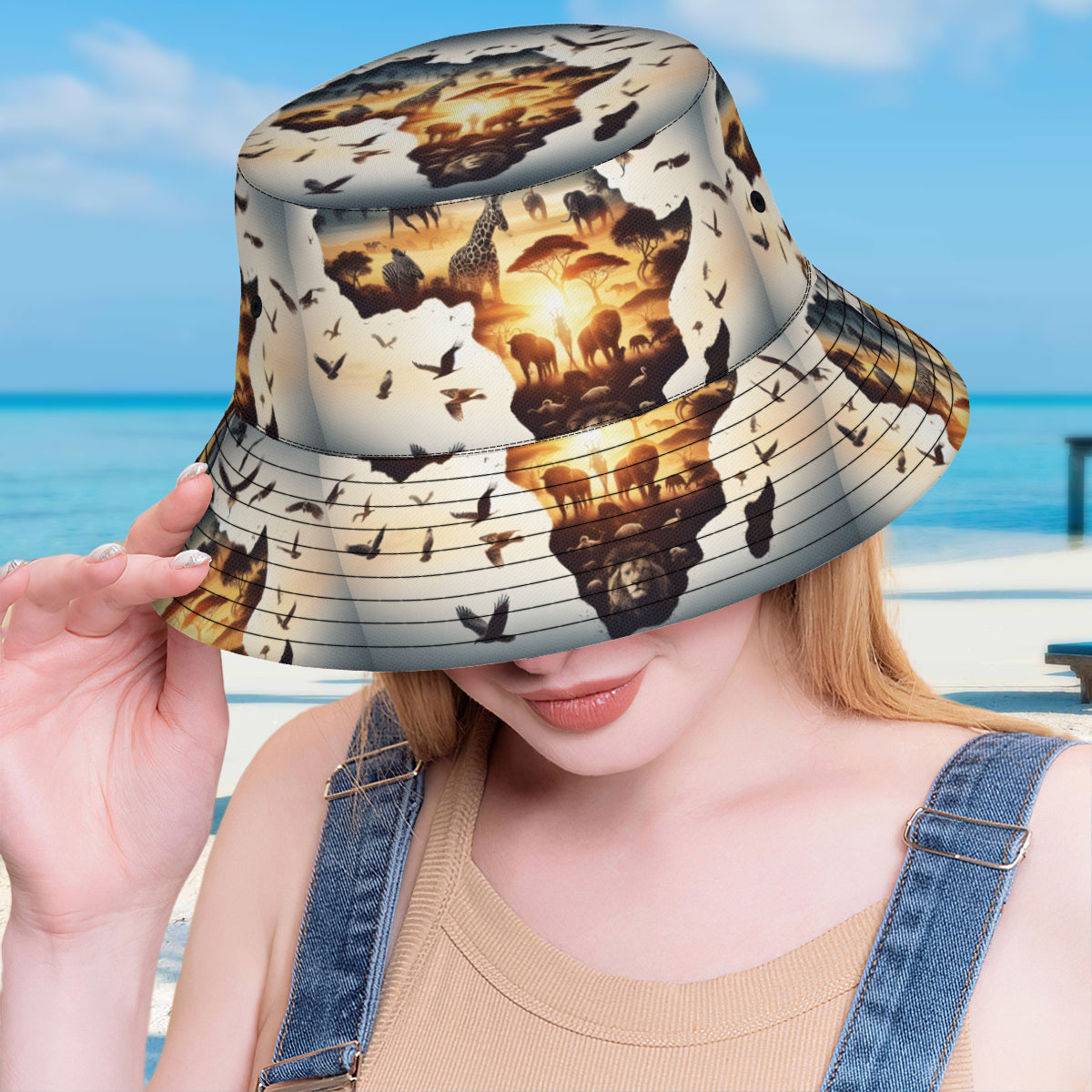 African Animals Sunset Double-Sided Unisex Polyester Bucket Hat