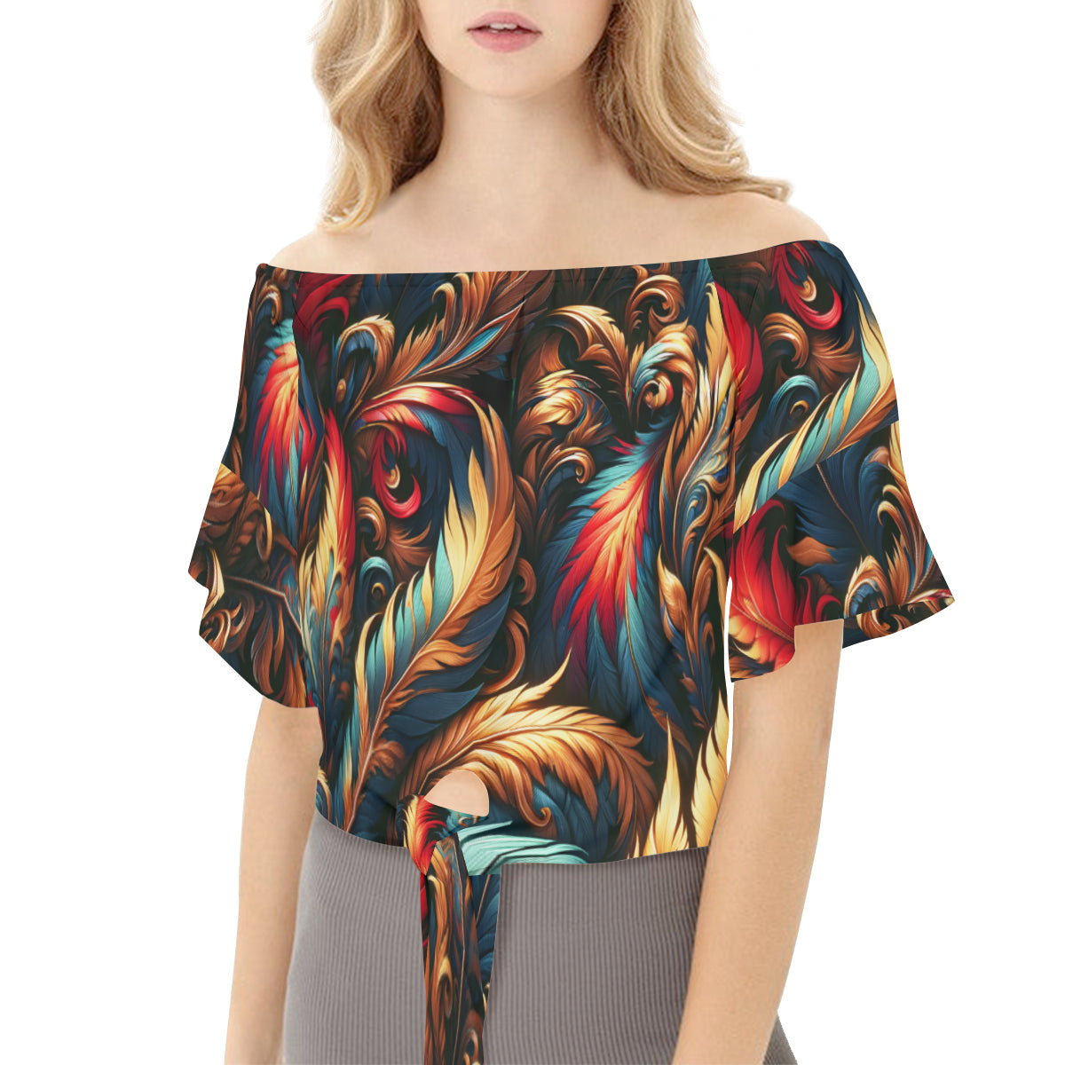 Elegant Feathers One-Shoulder Tie Short Sleeves