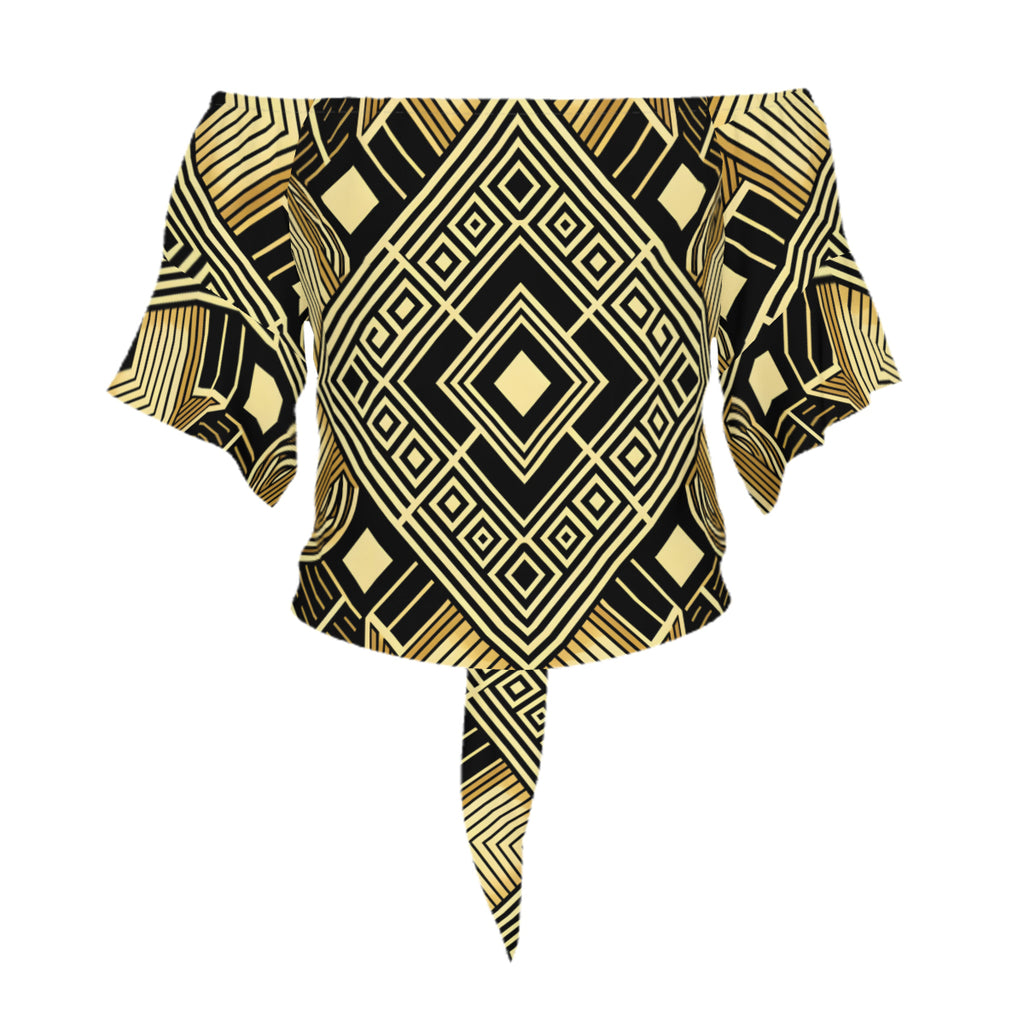 Golden Geometric Shapes Women's One-Shoulder Tie Short Sleeves Polyester Top