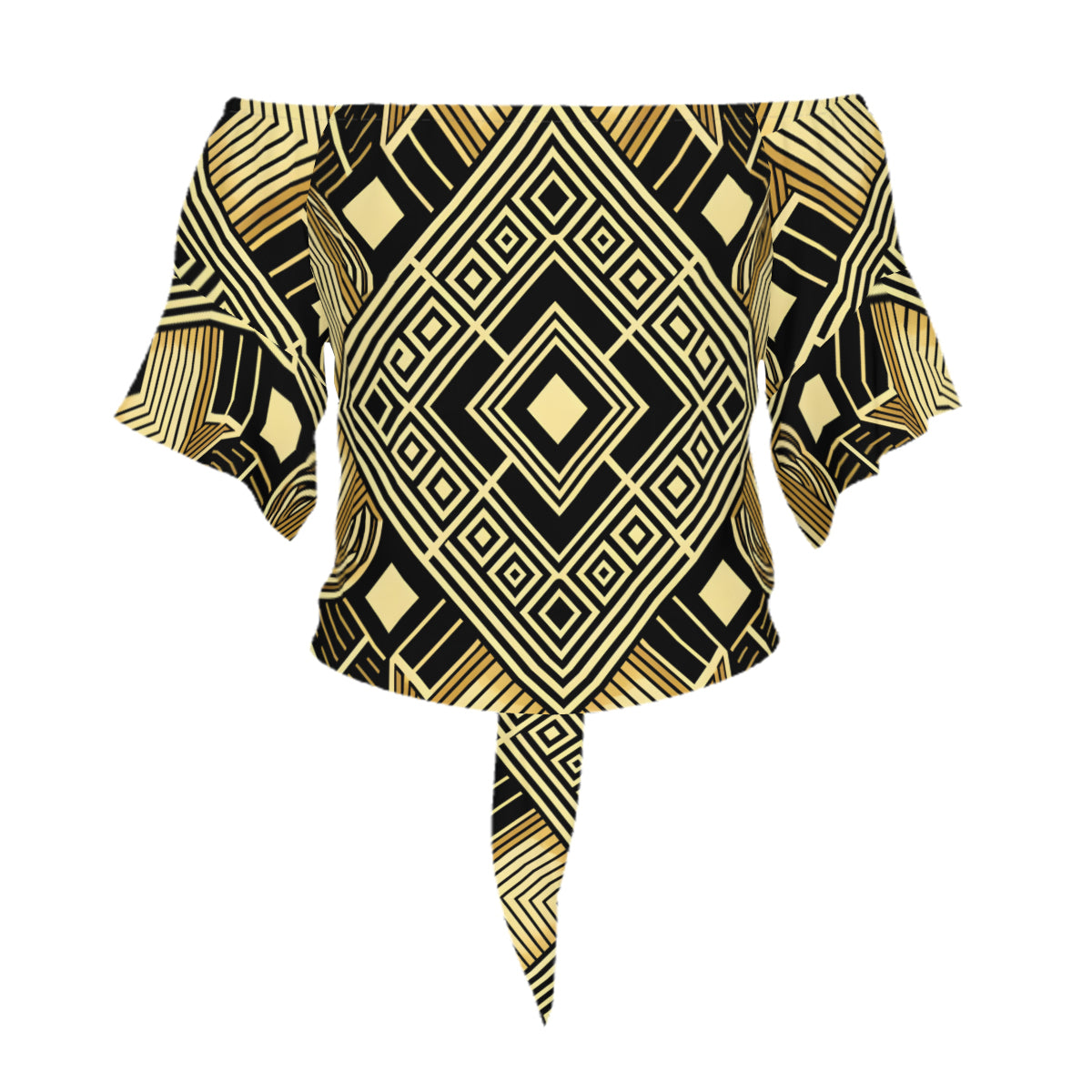 Golden Geometric Shapes Women's One-Shoulder Tie Short Sleeves Polyester Top