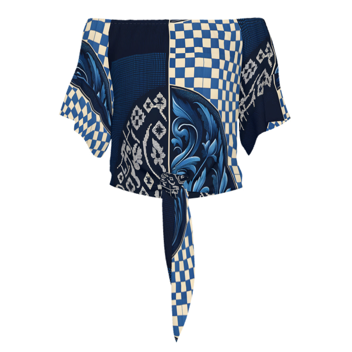Blue Check One-Shoulder Tie Short Sleeves
