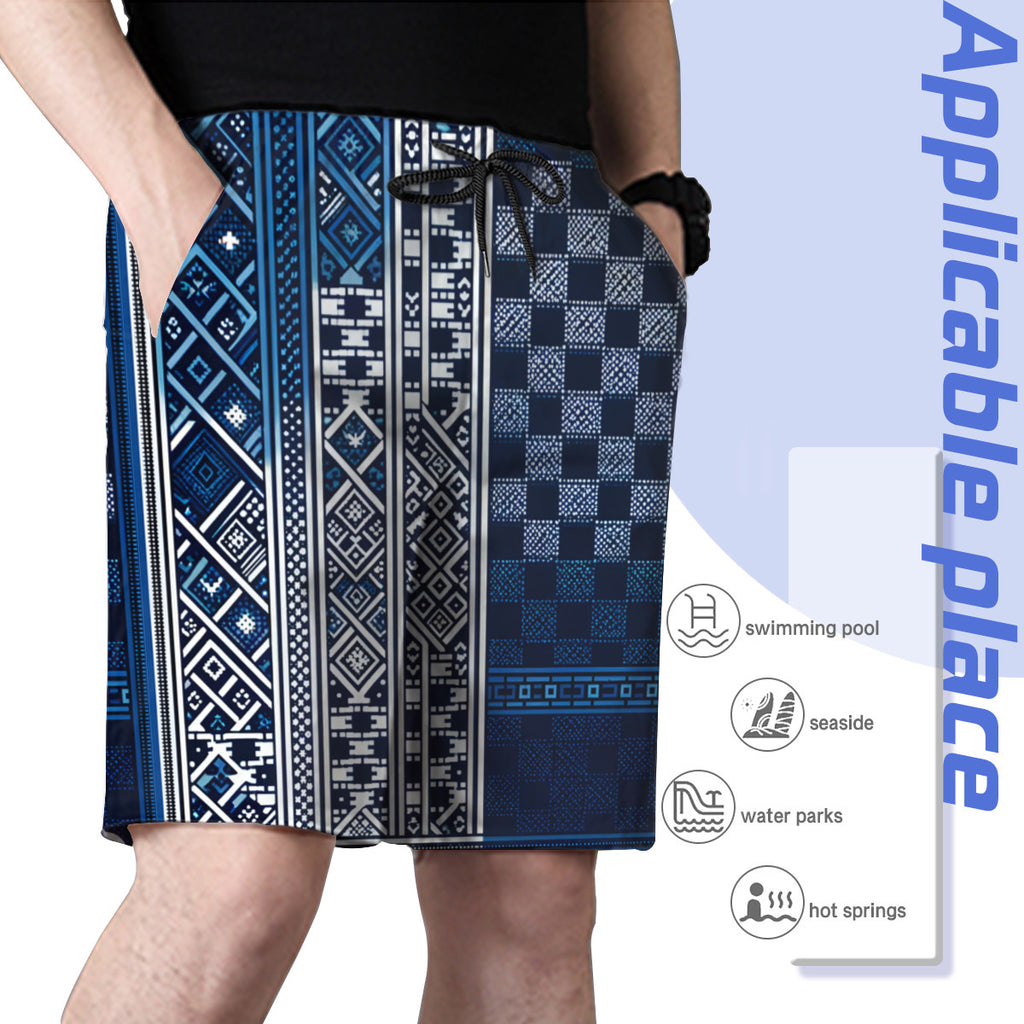 Blue Check Men's Beach Shorts (Not Mesh Lined) | Polyester