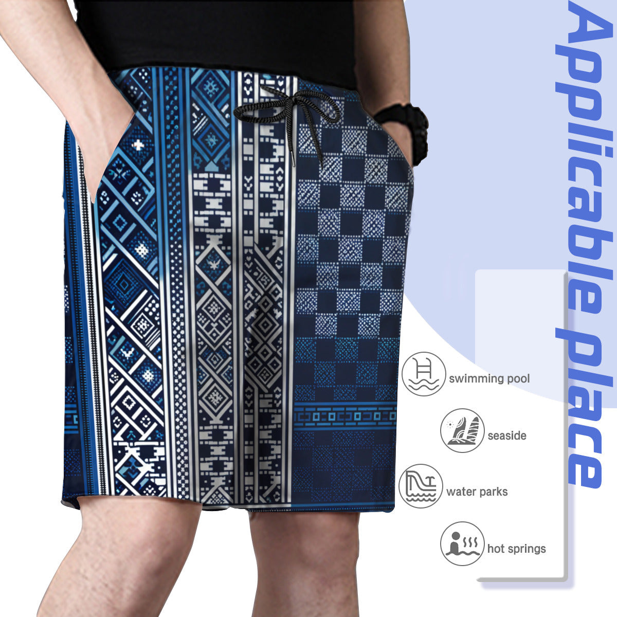 Blue Check Men's Beach Shorts (Not Mesh Lined) | Polyester