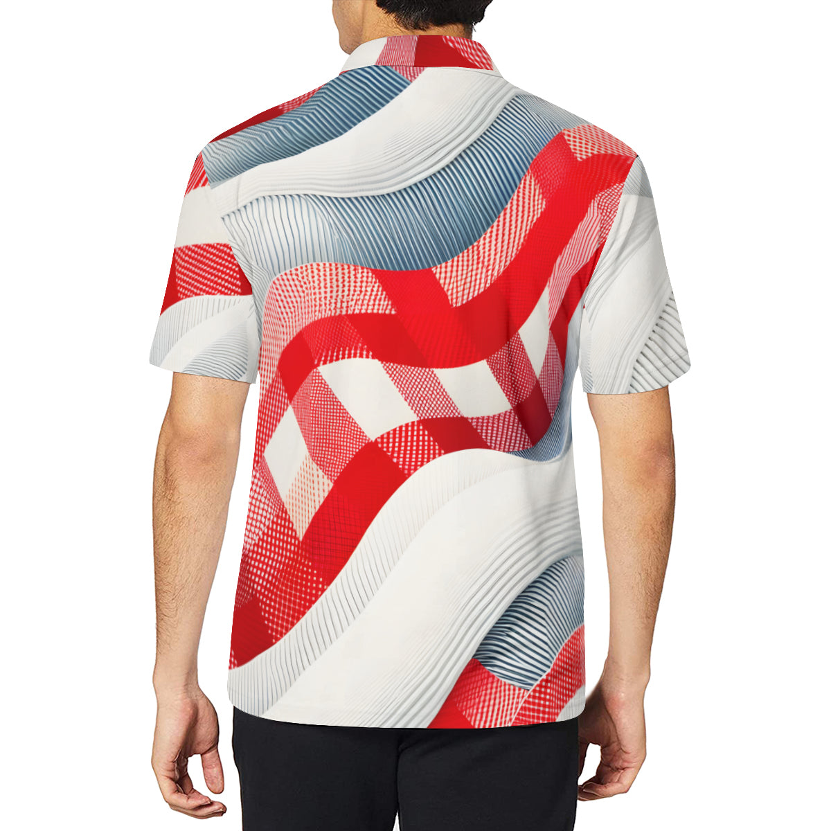 Denim Texture With Bold Red Checks  Men's Premium European Size POLO Shirt | 95% Polyester+5% Spandex