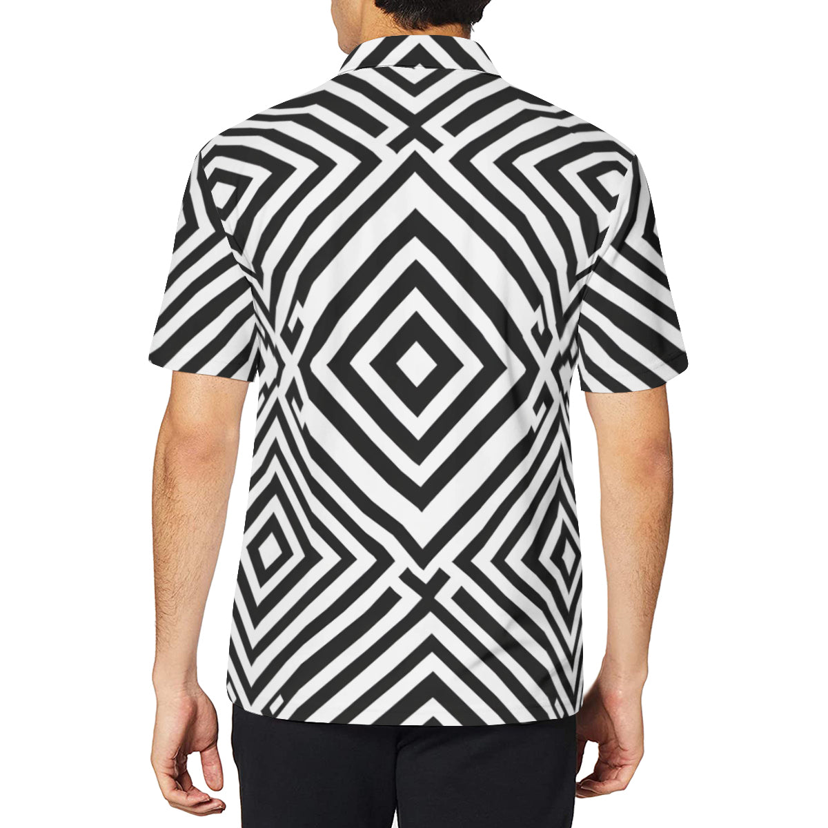 Black Geometric Shapes Men's Premium European Size POLO Shirt | 95% Polyester+5% Spandex