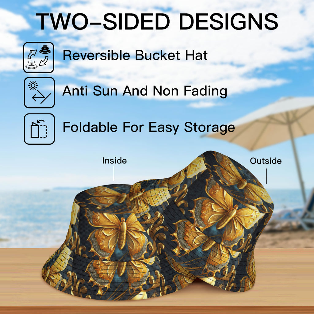 Golden Butterfly Double-Sided Unisex Polyester Bucket Hat