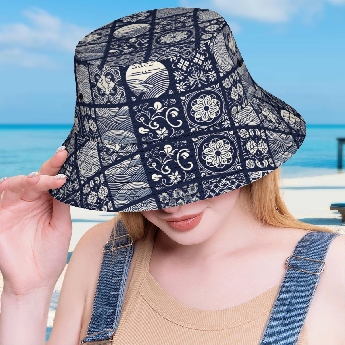 Navy Blue Geometric Shapes Double-Sided Unisex Polyester Bucket Hat