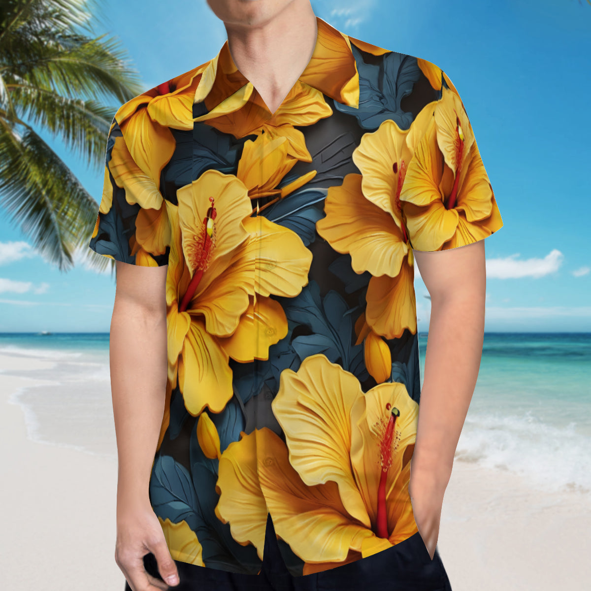 Yellow Hibiscus Short Sleeves Men's Shirt