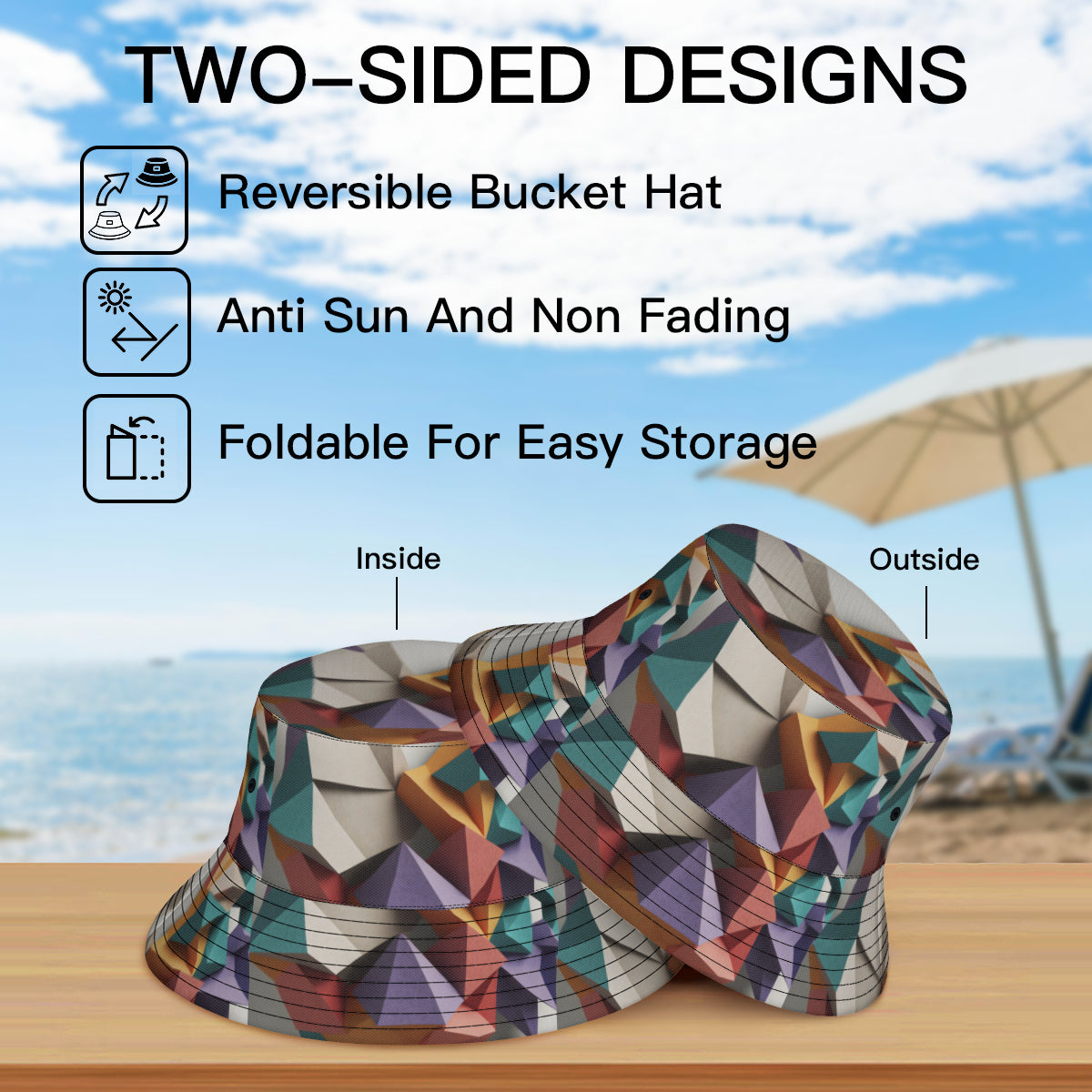 3D Geometric Double-Sided Unisex Polyester Bucket Hat
