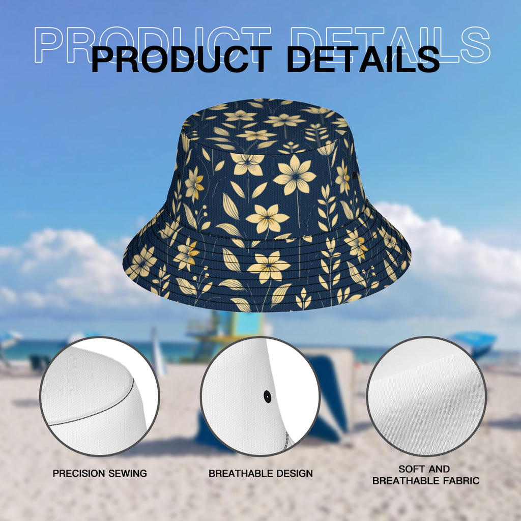 Golden Floral Double-Sided Unisex Polyester Bucket Hat