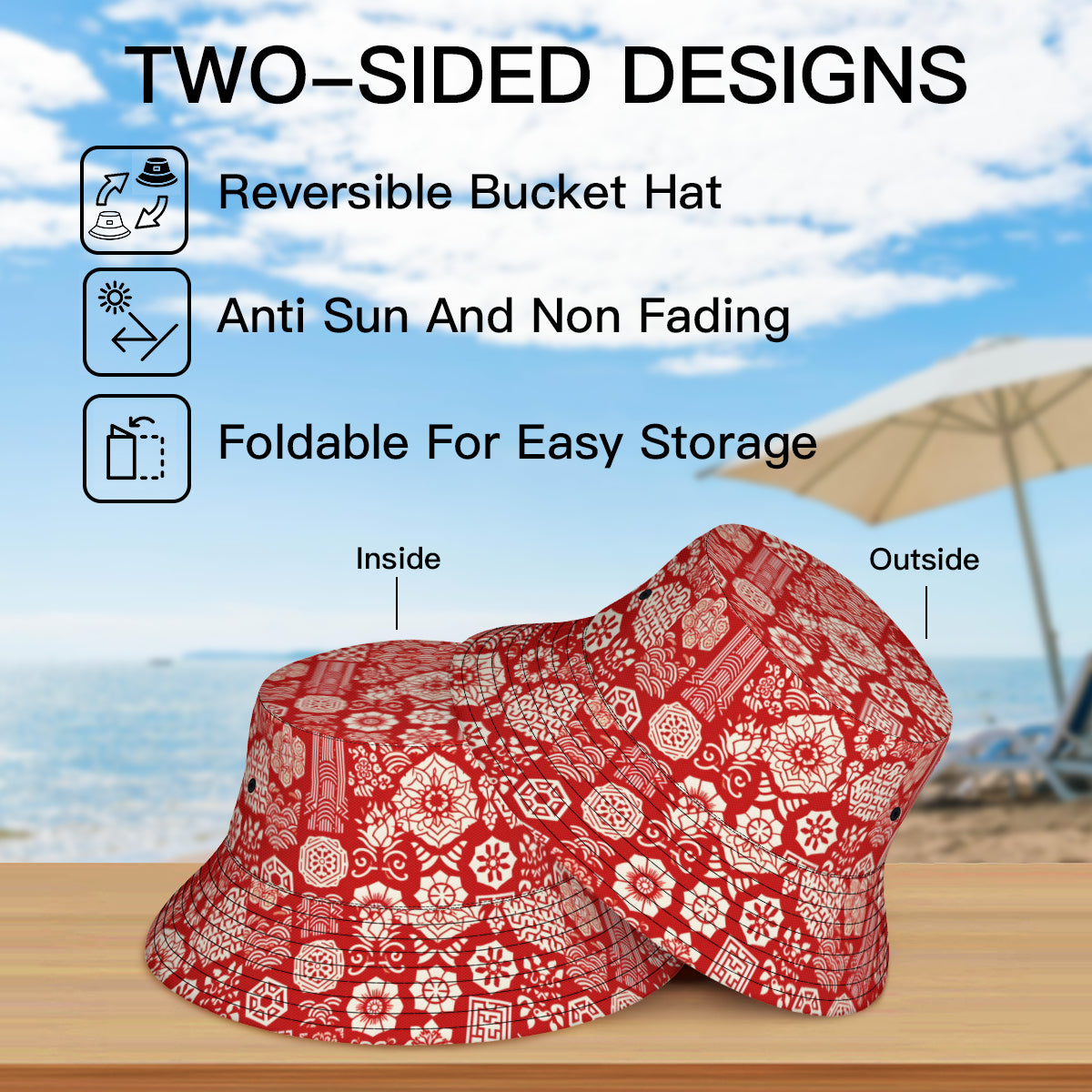 Red And White Double-Sided Unisex Polyester Bucket Hat