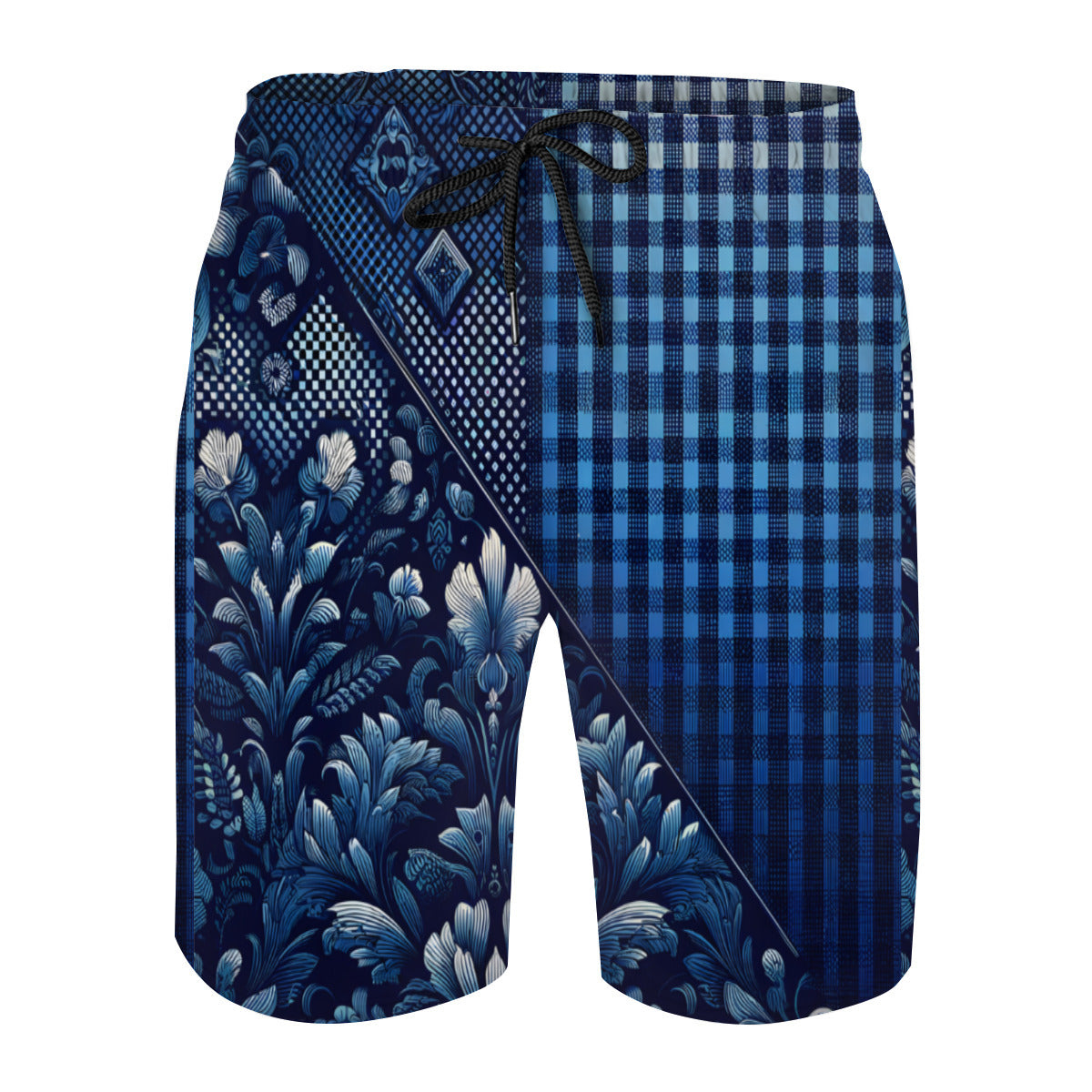 Blue Floral Check Men's Beach Shorts (Not Mesh Lined) | Polyester