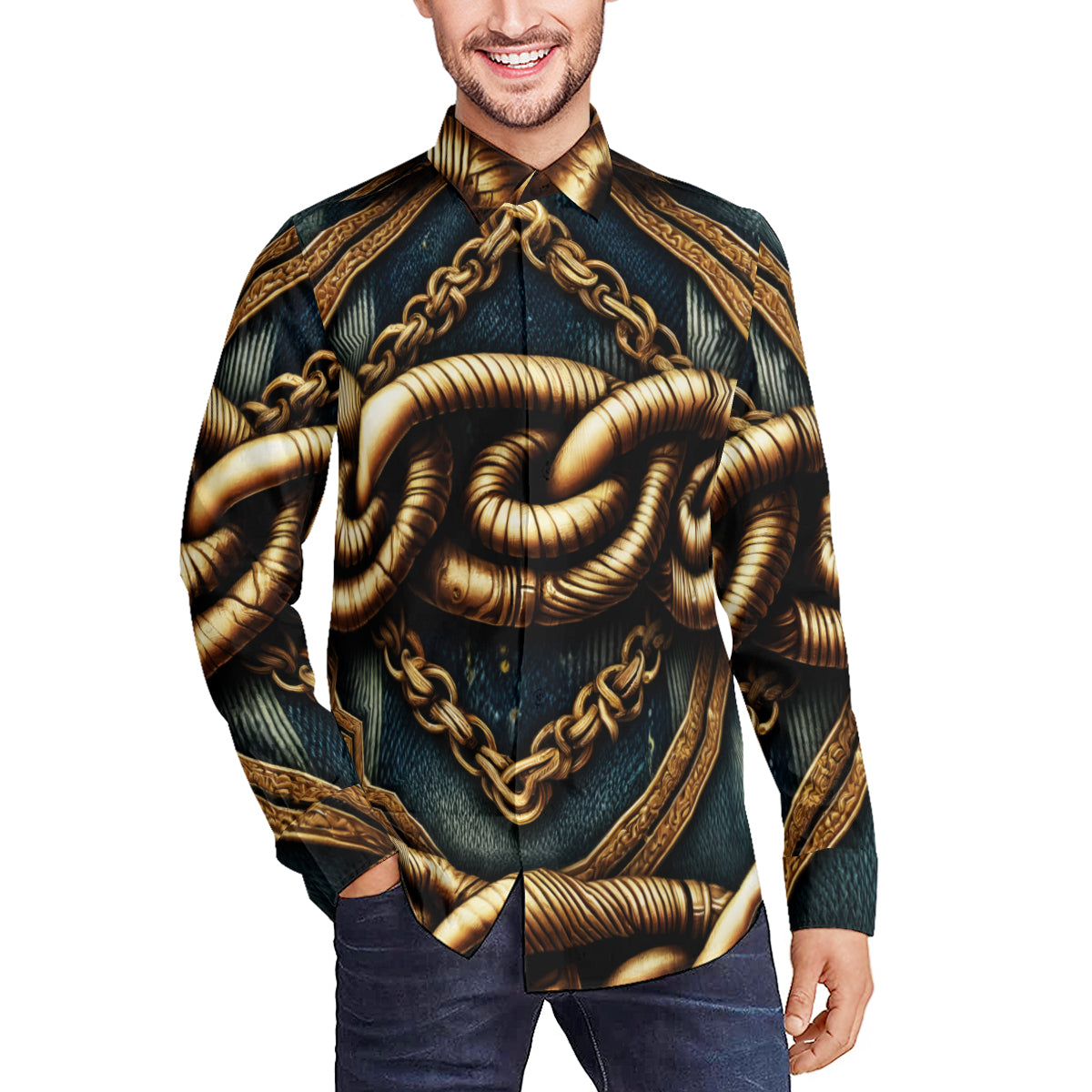 Textured Denim With Rusty Gold Chains Design Long Short Sleeves Men's Shirt