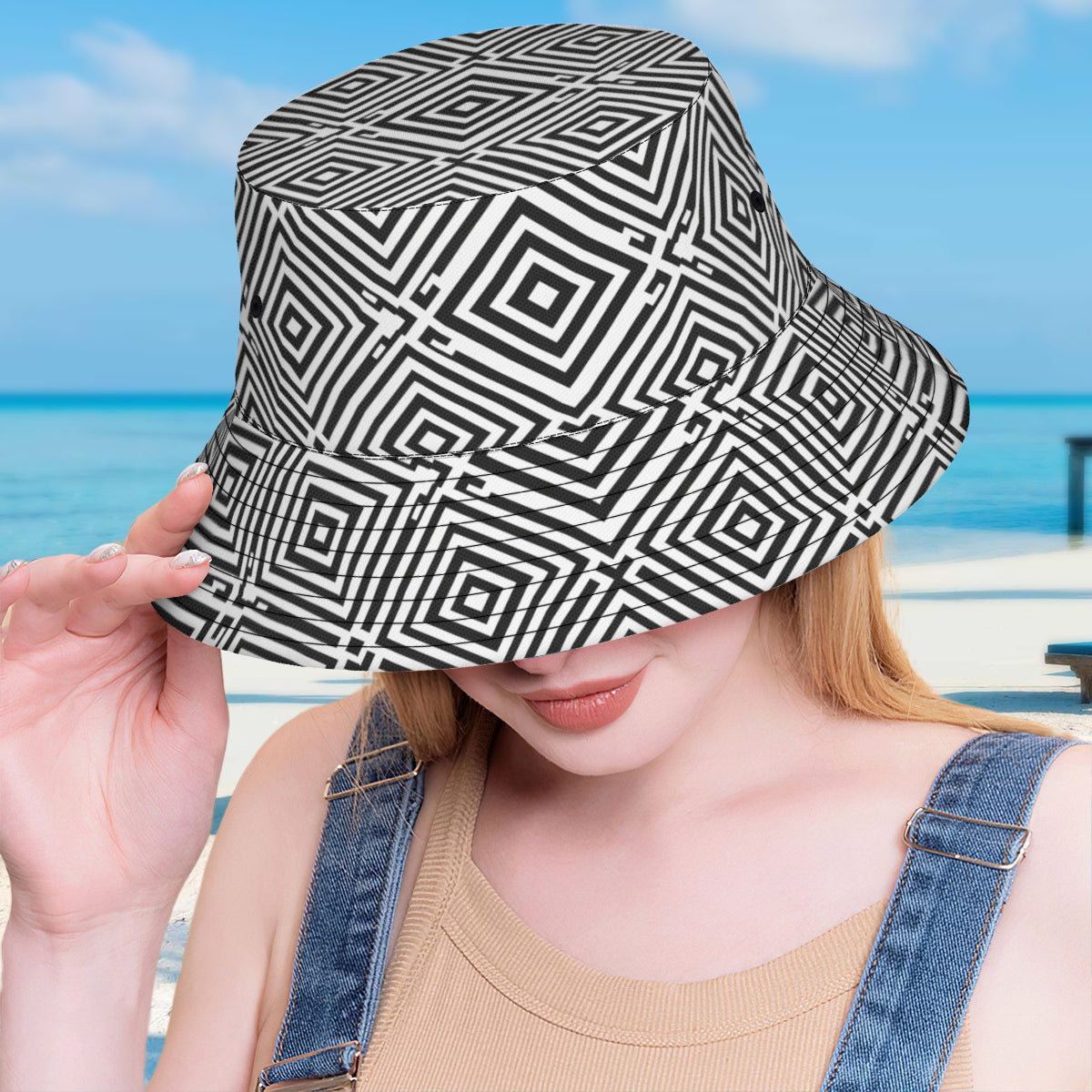 Black Geometric Shapes Double-Sided Unisex Polyester Bucket Hat