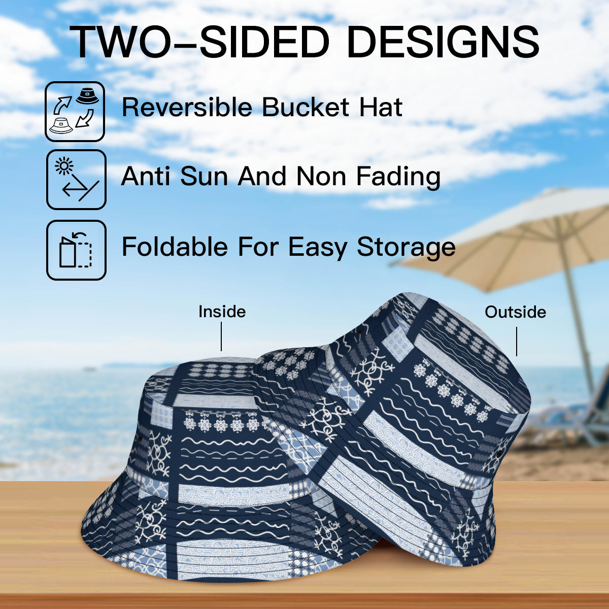 Navy Blue Geometric Shapes Double-Sided Unisex Polyester Bucket Hat