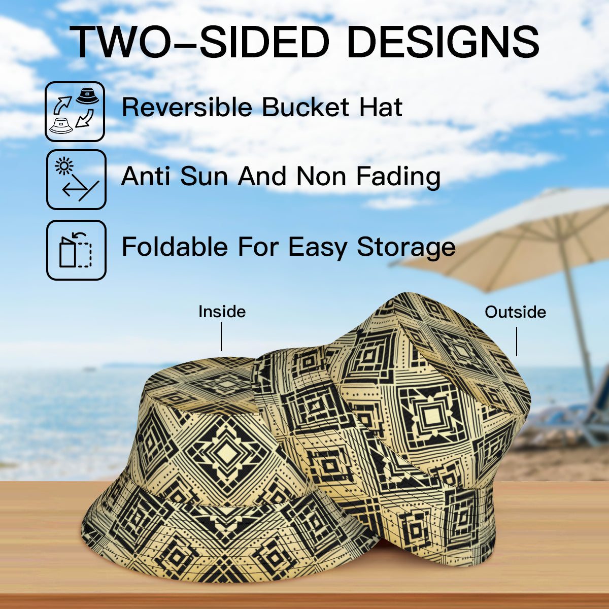 Golden Geometric Shapes Double-Sided Unisex Polyester Bucket Hat