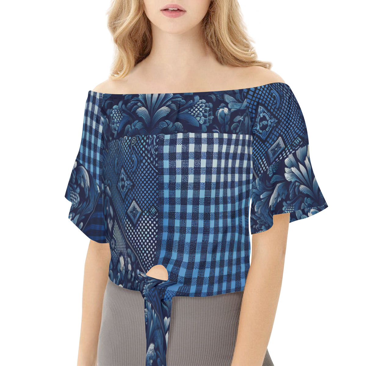 Blue Check One-Shoulder Tie Short Sleeves
