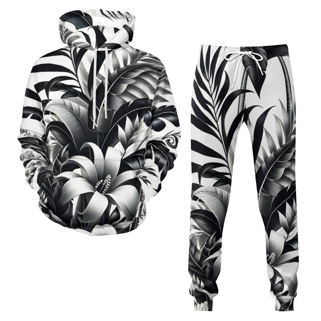 Floral Black And White Men's Adult Hoodie Set (Double-Layer Hood) | Health Fabric