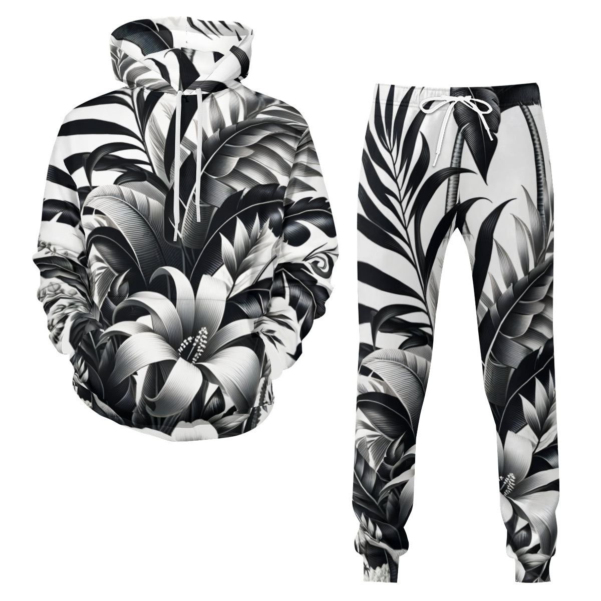 Floral Black And White Men's Adult Hoodie Set (Double-Layer Hood) | Health Fabric
