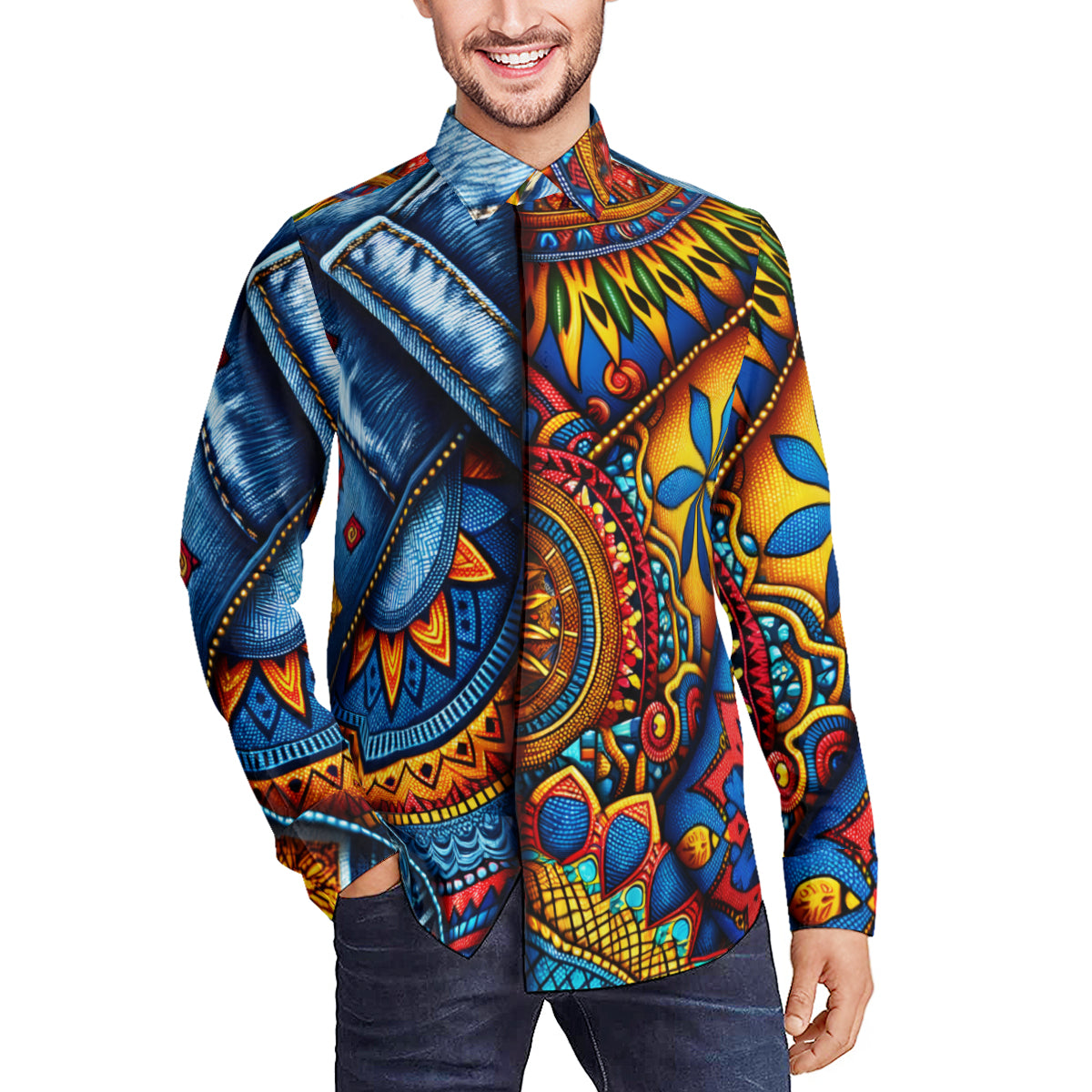 Denim And African Design Long Sleeves Men's Shirt