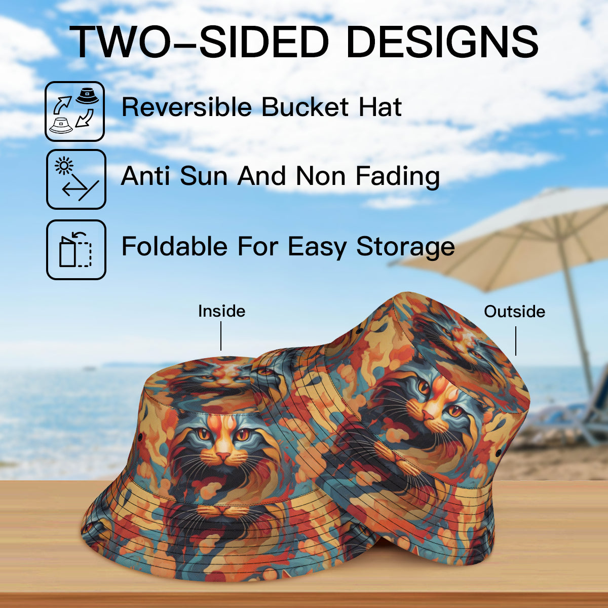 Cat Lovers Double-Sided Unisex Polyester Bucket Hat