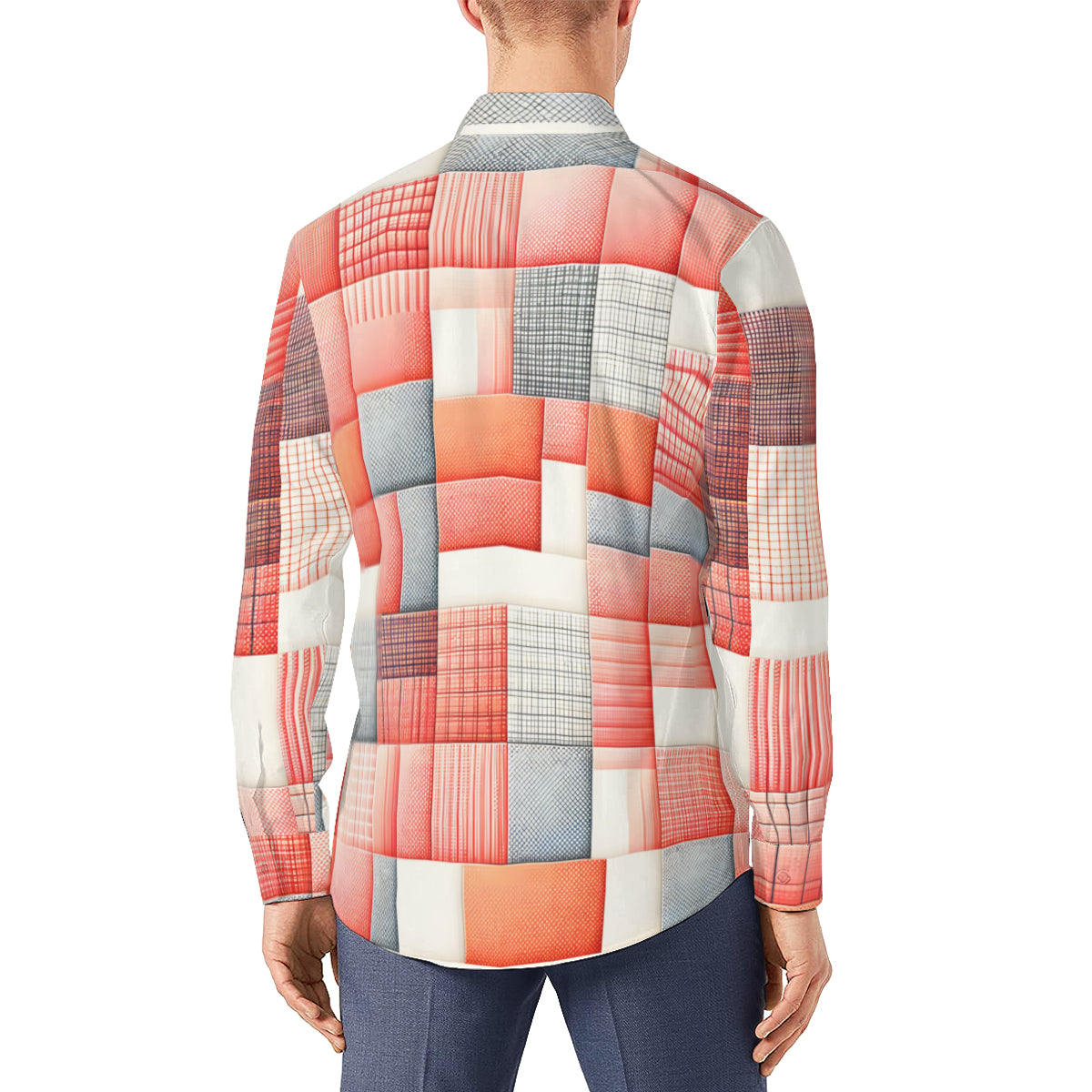 Pink Check  Men's Classic Long-Sleeved Shirt | Polyester